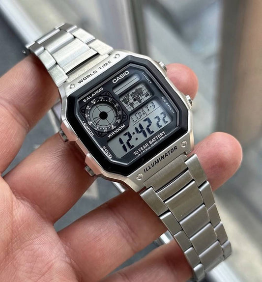 Casio World Time Digital Watch – Silver Stainless Steel with Illuminator