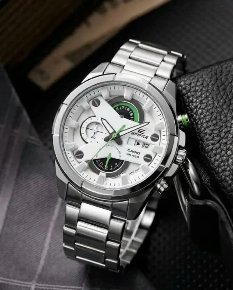 Edifice Casio Chronograph Watch – Silver Stainless Steel with Green Accent Dial