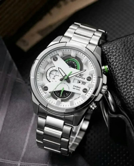 Edifice Casio Chronograph Watch – Silver Stainless Steel with Green Accent Dial