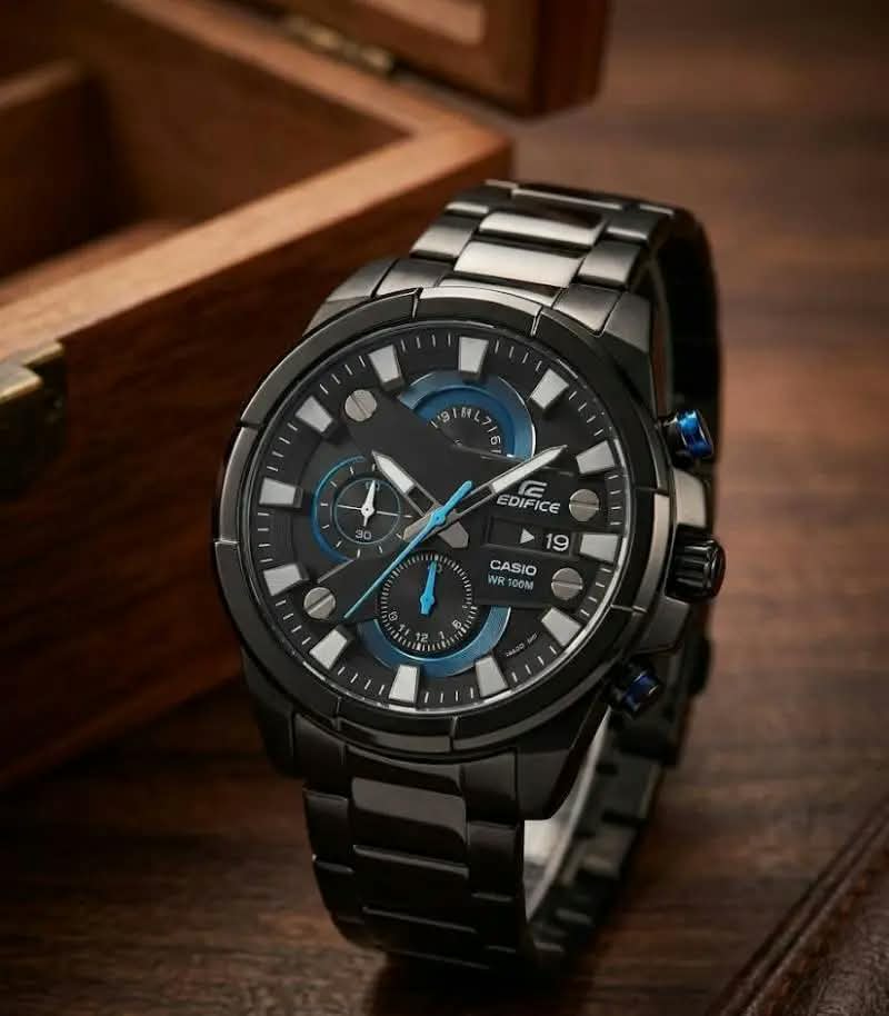 Edifice Casio Chronograph Watch – All Black with Blue Accent Dial