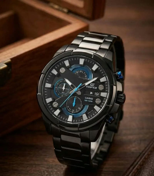 Edifice Casio Chronograph Watch – All Black with Blue Accent Dial