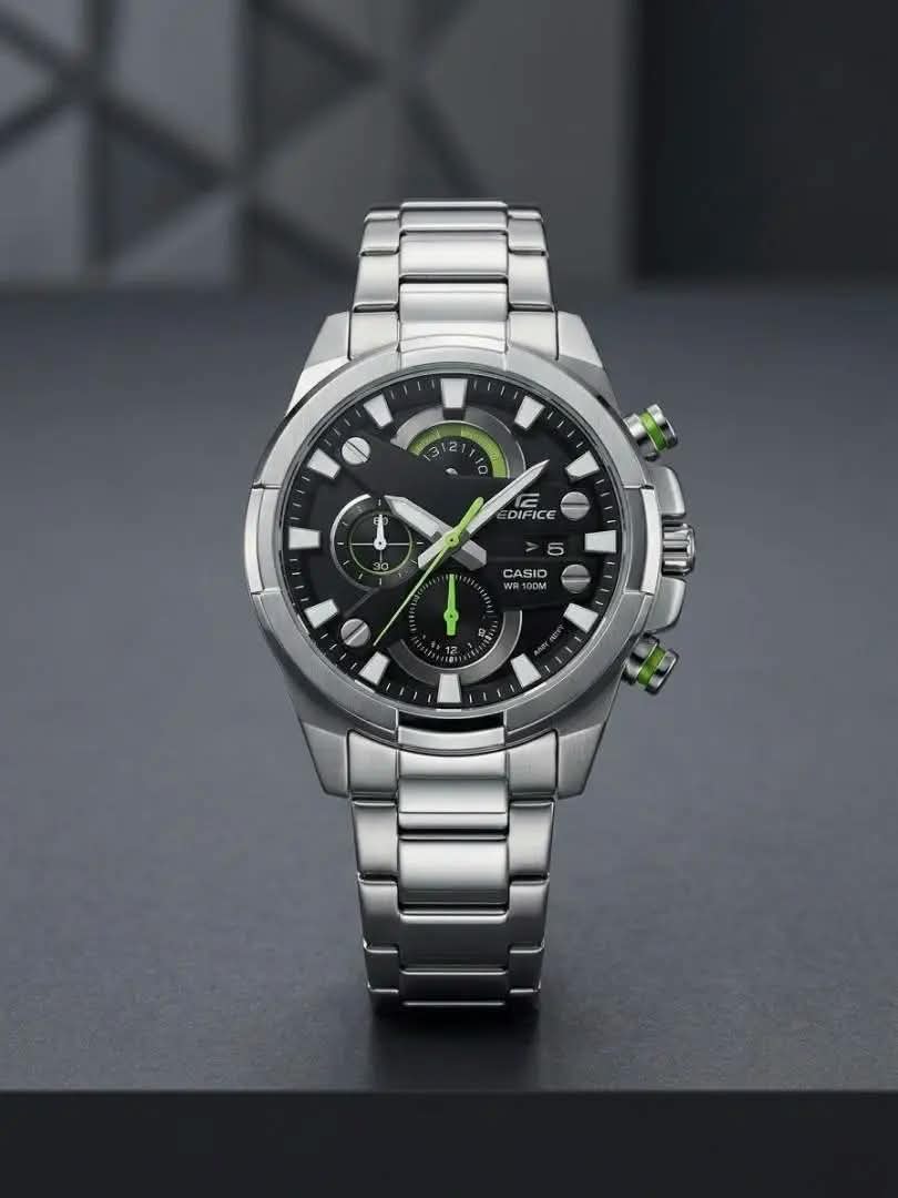 Edifice Casio Chronograph Watch – Silver Stainless Steel with Black Green Accent Dial