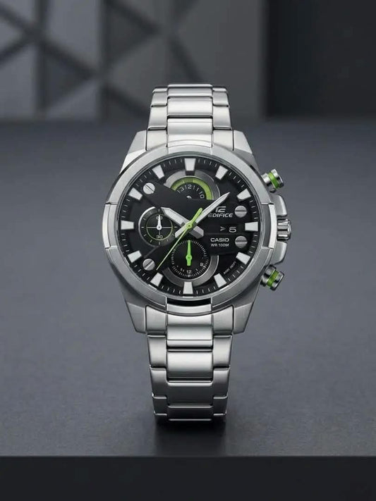 Edifice Casio Chronograph Watch – Silver Stainless Steel with Black Green Accent Dial