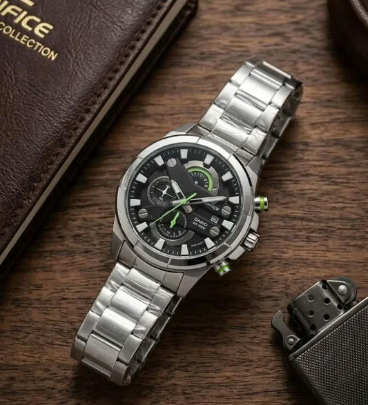 Edifice Casio Chronograph Watch – Silver Stainless Steel with Black Green Accent Dial
