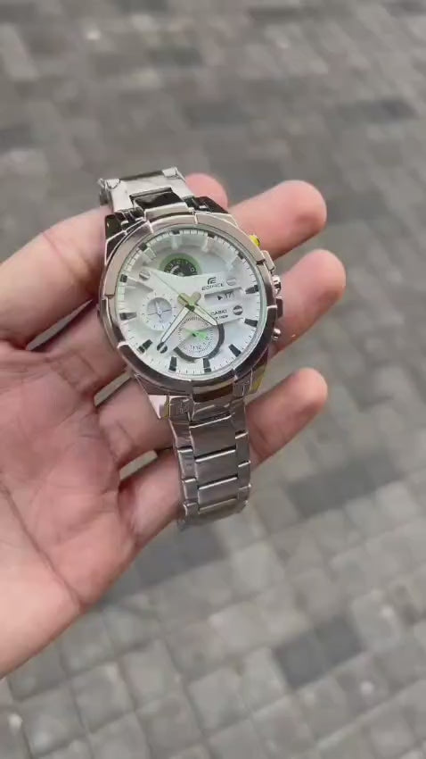 Edifice Casio Chronograph Watch – Silver Stainless Steel with Green Accent Dial