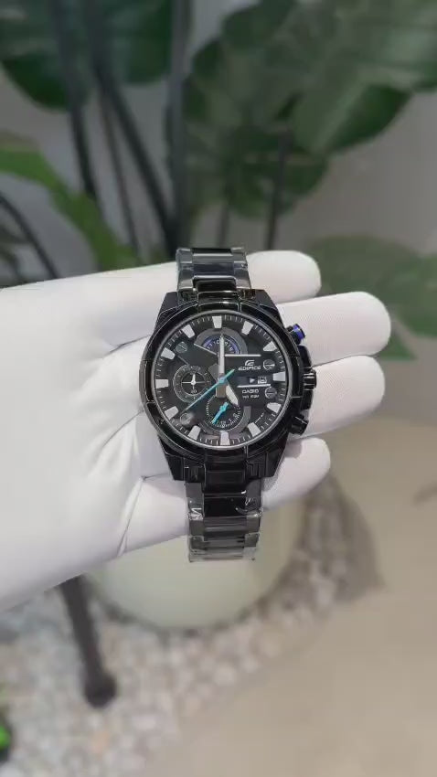 Edifice Casio Chronograph Watch – All Black with Blue Accent Dial